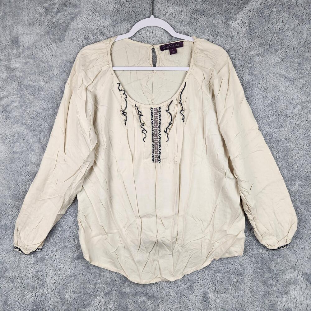 Gloria Vanderbilt Blouse Womens Petite Large White Embroidered Tunic Top Boho